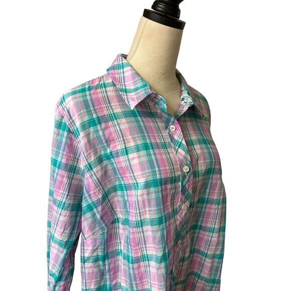 Talbots Womens Plus 2X Cotton Button Up Tulip Plaid Long Sleeves Shirt - Picture 4 of 13